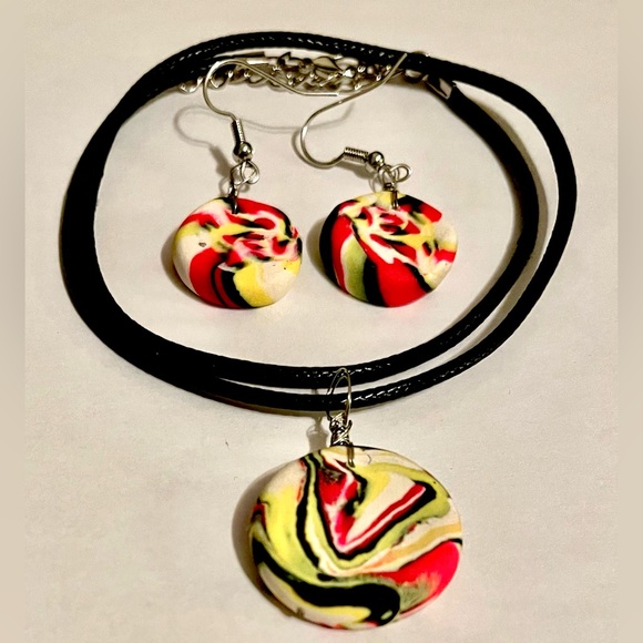 Handcrafted Clay Necklace and Earrings Hot Pink Neon Yellow One of a Kind - Picture 1 of 7